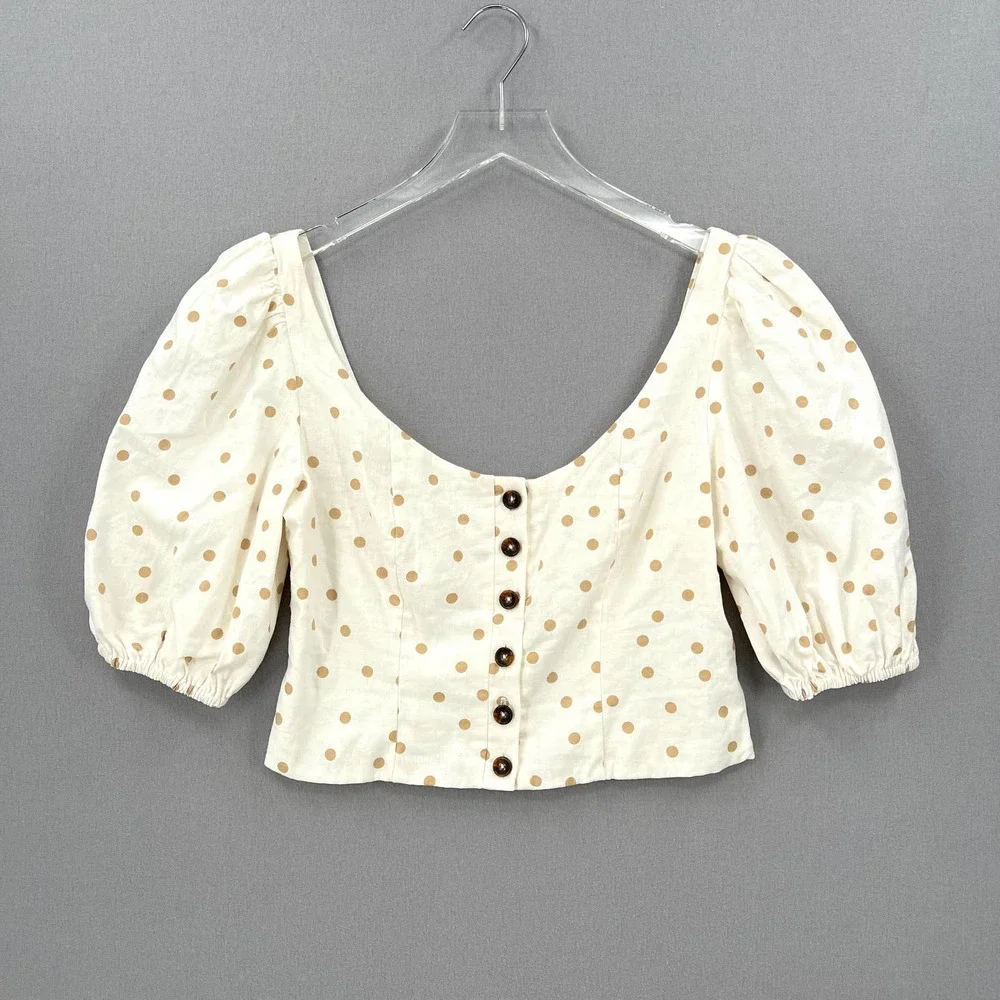 LPA Shirt Womens Medium White Linen Puff Sleeve Crop Top Button Front Polka Dot - Picture 3 of 14